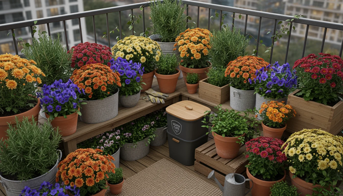 Overhead view of a sustainable fall container garden on a small urban patio, showing fragrant plants in repurposed pots, a worm composter, and natural