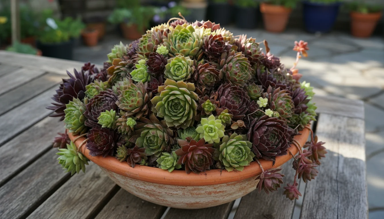 Terracotta bowl densely packed with various Sempervivum and Sedum succulents on a rustic wooden patio table.