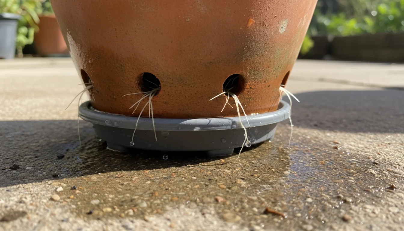 Close-up of a terracotta pot's base, dripping water from drainage holes onto a dark pot foot on a concrete patio.