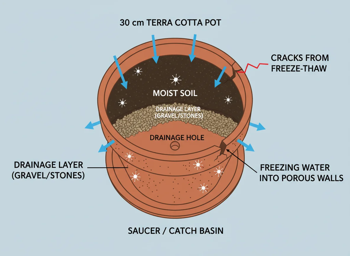 Terracotta pot diagram: Water flow arrows, drainage holes, 30cm pot size indicated. Illustrates water absorption/expansion.
