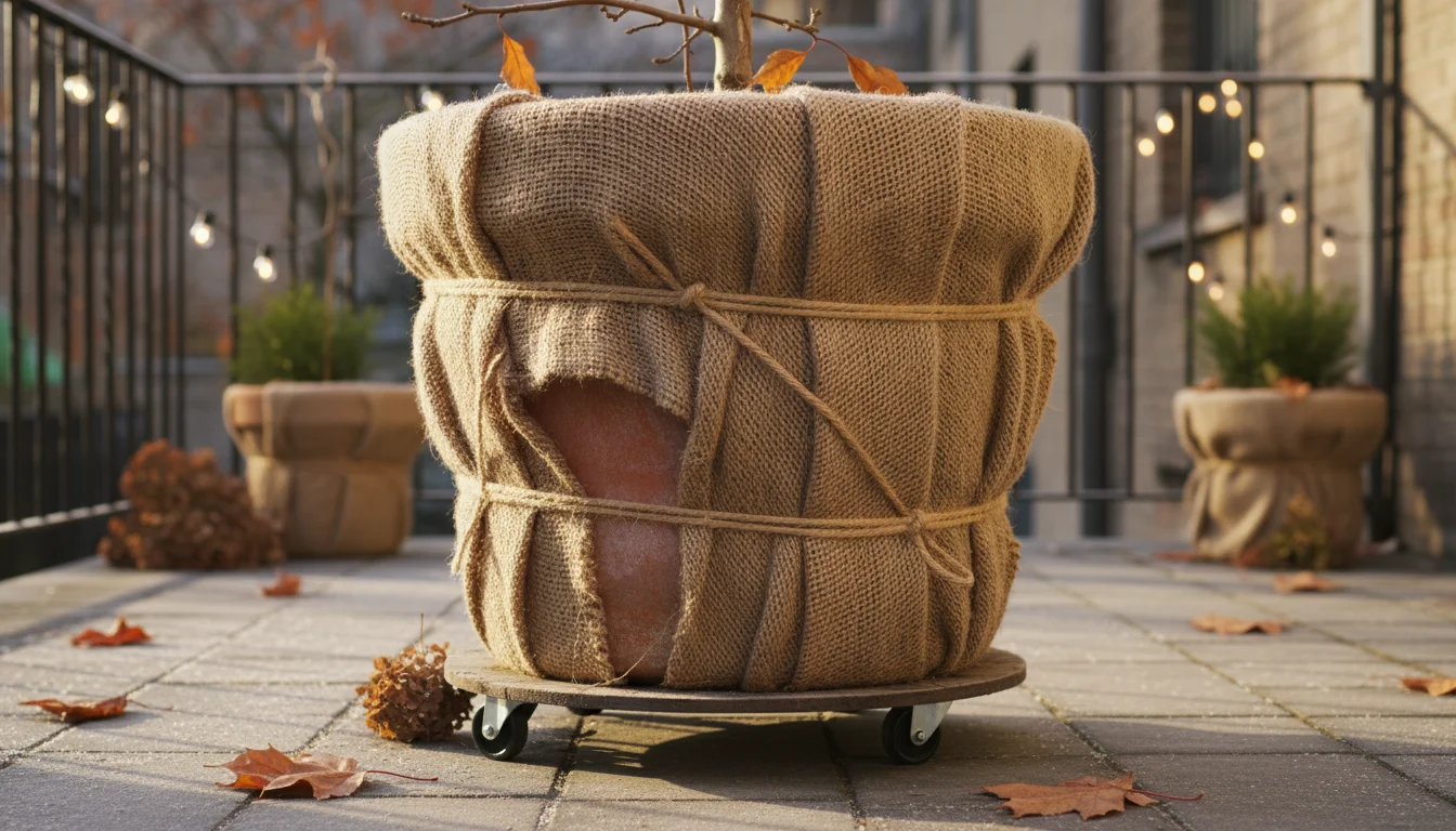 Terracotta pot with a dwarf fruit tree, insulated with burlap and bubble wrap on a patio for winter.