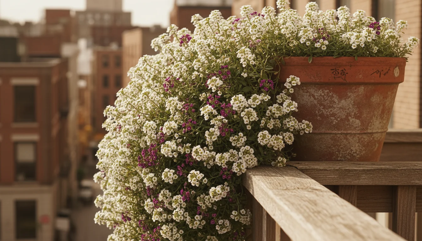 Terracotta pot overflowing with white and purple Sweet Alyssum flowers spilling over a wooden balcony railing in a city.
