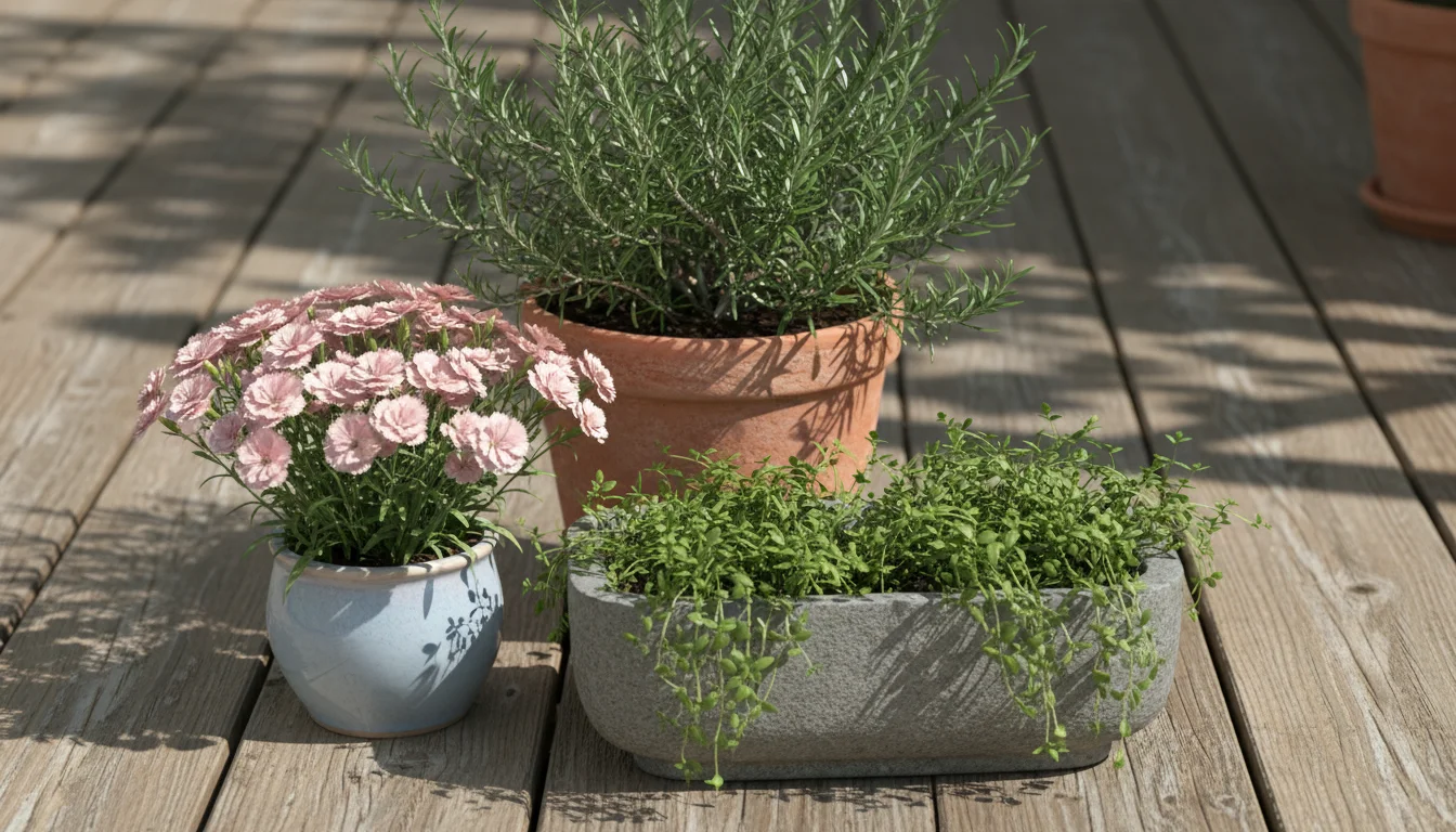 A terracotta pot of rosemary, a ceramic pot of pink dianthus, and a stone planter of lemon thyme arranged on a wooden patio.