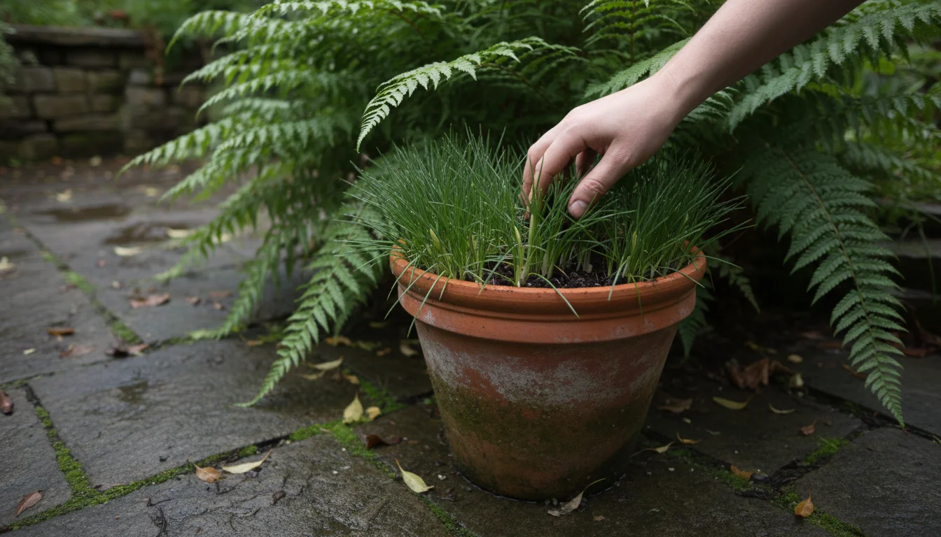 A terracotta pot of saffron crocuses with lush green leaves but no flowers sits in a shaded patio corner. A hand touches the damp soil.