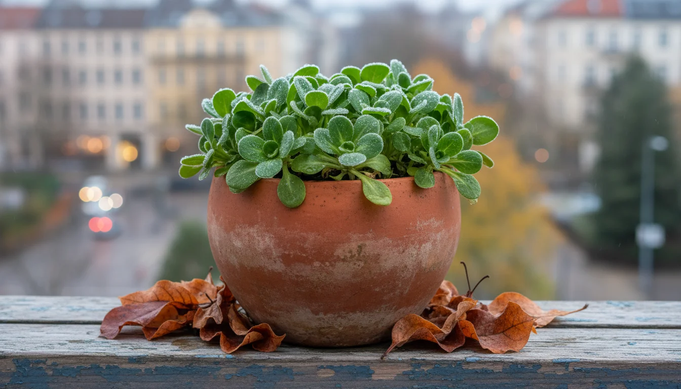 A terracotta pot of vibrant green Mache on a weathered balcony railing, with scattered autumn leaves and a hint of frost.