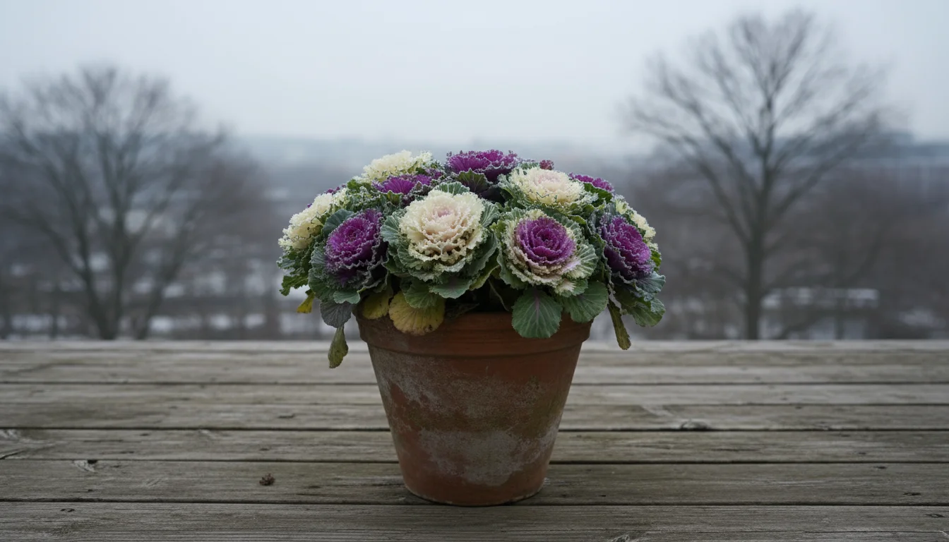 Terracotta pot with vibrant ornamental kale on a wooden balcony deck, winter cityscape blurred in background.