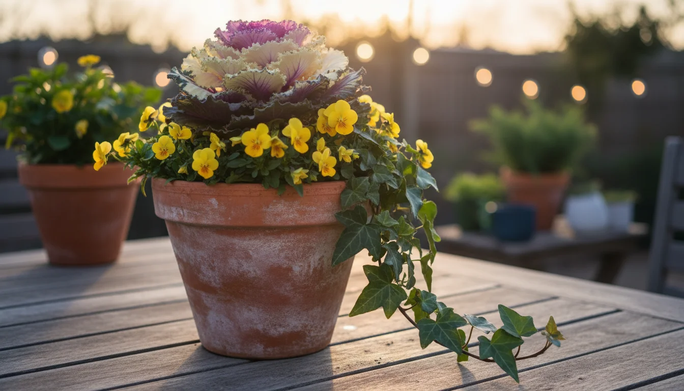A terracotta pot on a wooden table, containing a purple ornamental cabbage, yellow and purple violas, and trailing ivy.