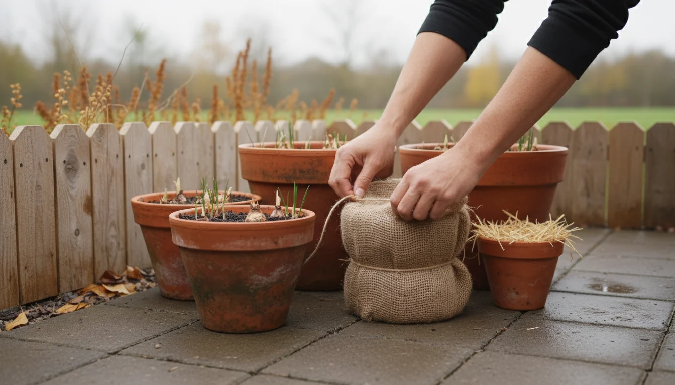 Terracotta pots with dormant saffron crocus bulbs on a patio, one being wrapped in burlap for winter protection.