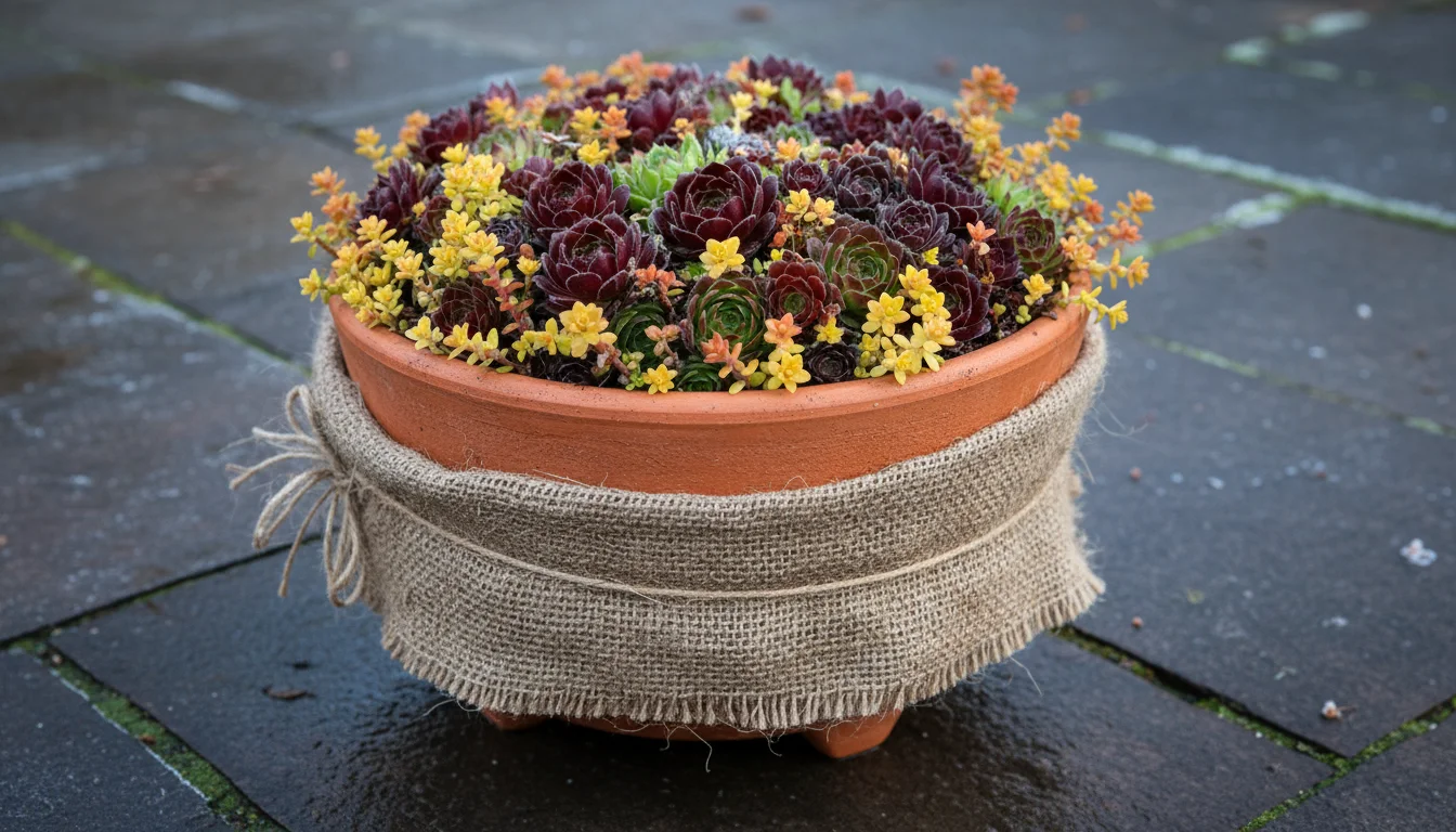 Terracotta succulent bowl filled with Sempervivums and Sedums, elevated on terracotta pot feet, and wrapped in burlap for winter protection.
