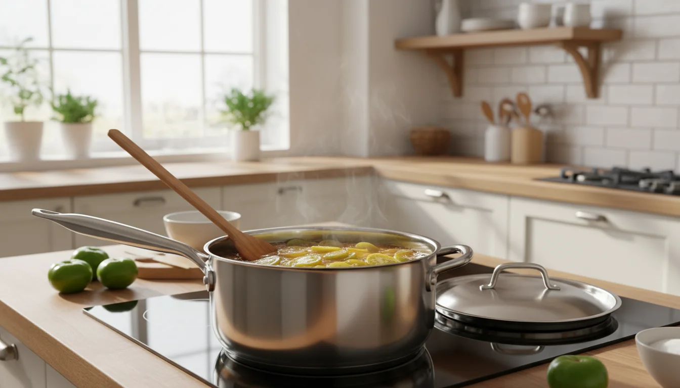 Thinly sliced green tomatoes simmer gently in amber syrup within a stainless steel saucepan on a stovetop, with a hand stirring.