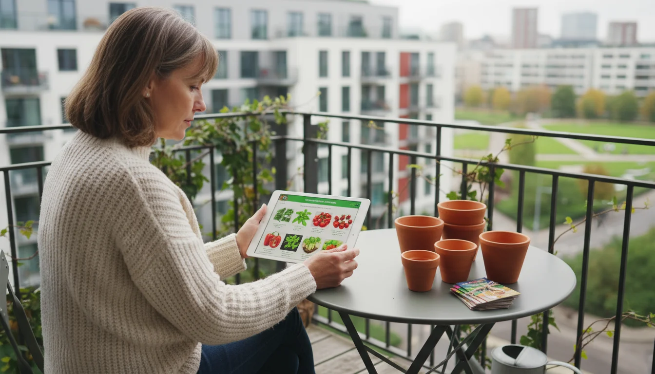 Thoughtful woman on a balcony reviewing plant options on a tablet surrounded by empty pots and seed packets on a bistro table.