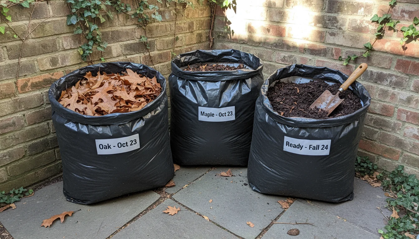 Three black contractor bags, at different stages of decomposition, sit on a patio. One is full of fresh leaves, one settled, and one open showing dark