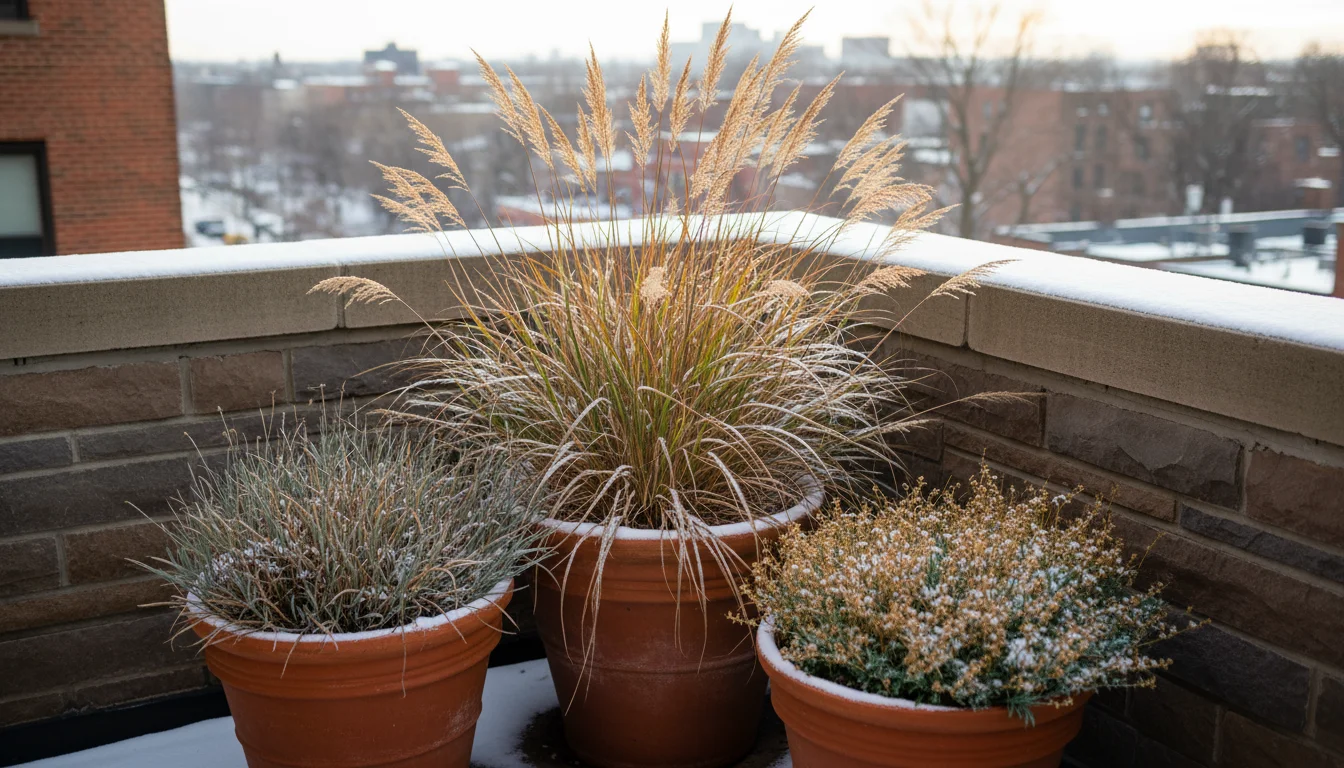 Three containers with ornamental grasses on a snow-dusted urban balcony. Rust-colored switchgrass, blue-gray bluestem, and golden fescue stand tall ag