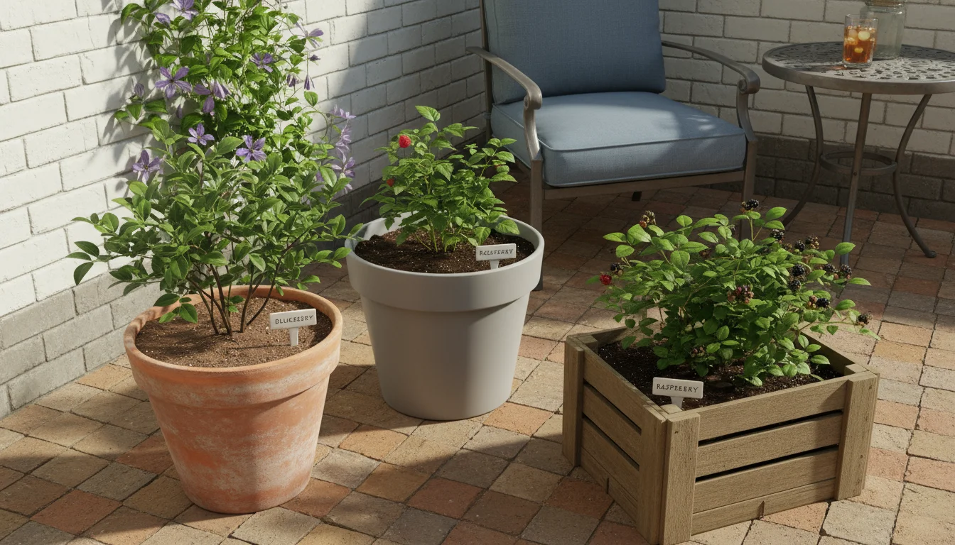 Three different berry bushes, one in a weathered terracotta pot, one in a light grey plastic pot, and one in a cedar wooden planter, arranged on a pat