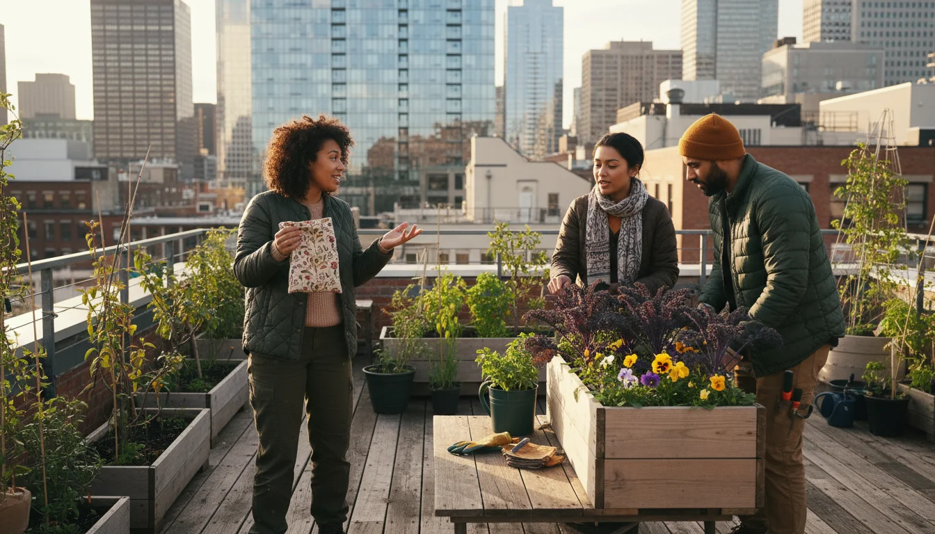 Three diverse urban gardeners socialize on a rooftop patio among container plants, sharing seeds and conversation in late afternoon light.