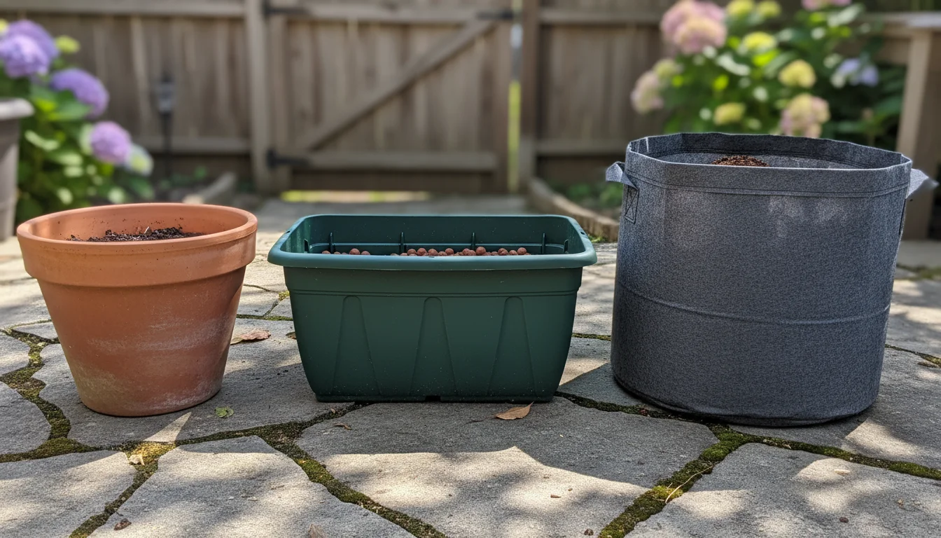 Three empty deep garden containers—terracotta, plastic, and a fabric grow bag—sit on a patio, with a trowel leaning against one.