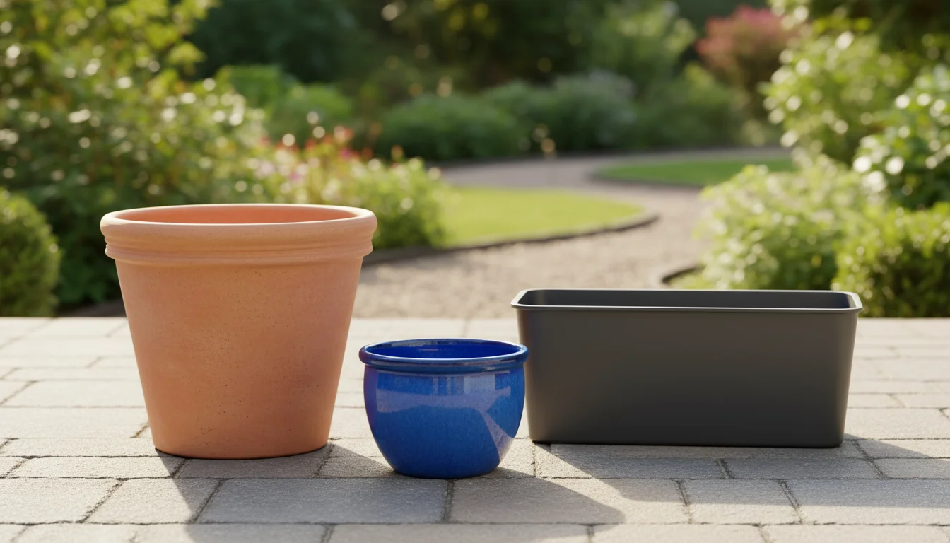 Three empty garden pots of varying materials and sizesāterracotta, blue glazed ceramic, and grey plasticāarranged on a patio.