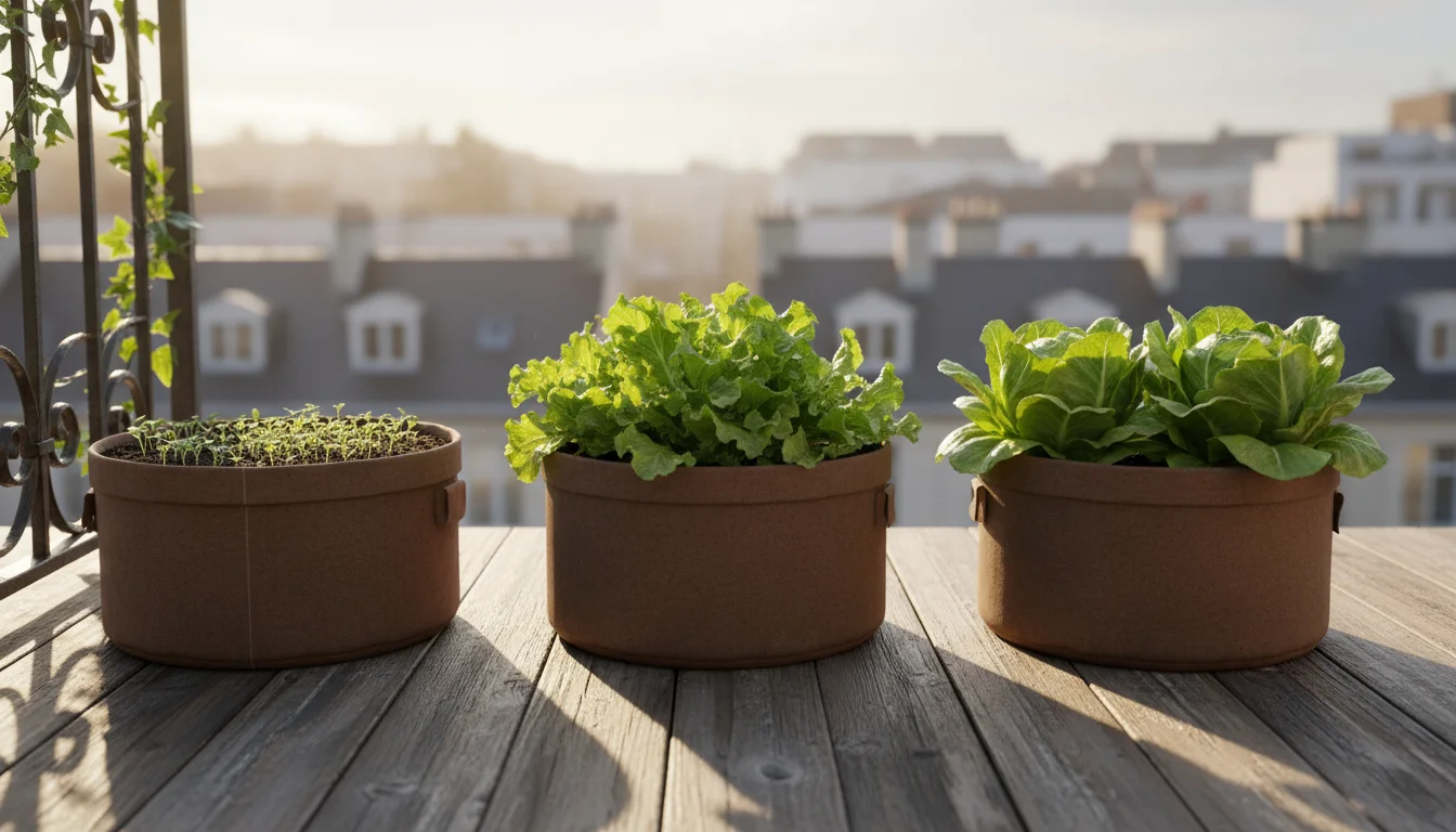 Three fabric grow bags on a balcony, showing lettuce at three different growth stages: tiny sprouts, young greens, and mature heads. A hand reaches fo