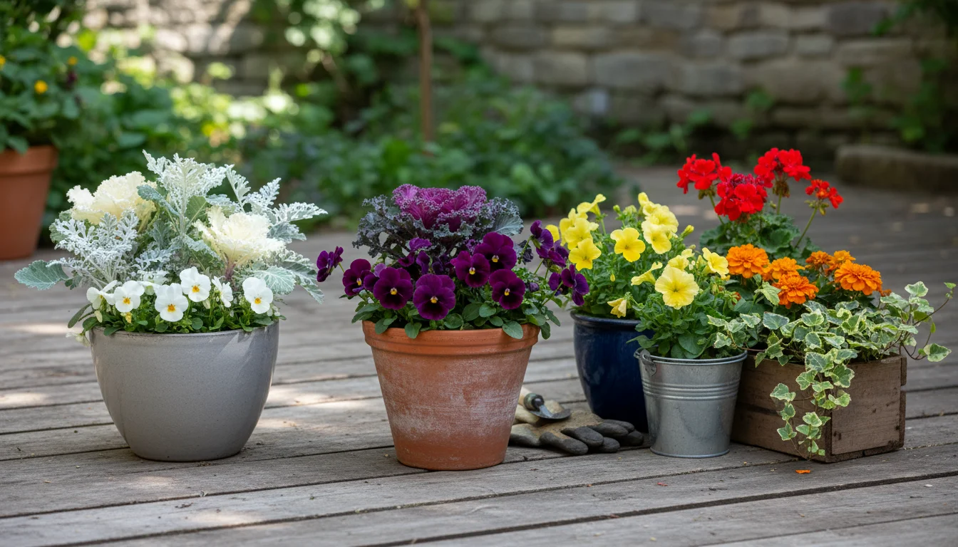 Three small potted plant arrangements on a wooden patio: white kale, dusty miller, violas; purple kale, pansies; and green cabbage with ivy.