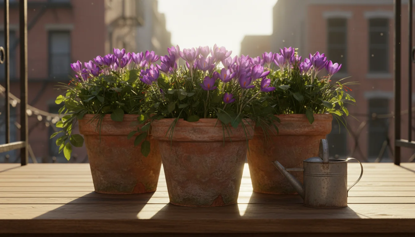 Three terracotta pots with healthy green saffron crocus plants and purple flowers clustered on a weathered wooden step, lit by afternoon sun.