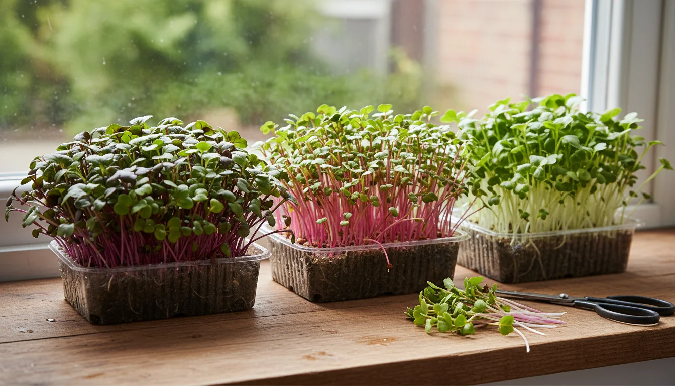 Three trays of colorful radish microgreens (purple-stemmed Sango, pink-stemmed China Rose, white-stemmed Daikon) sit on a bright windowsill, with smal