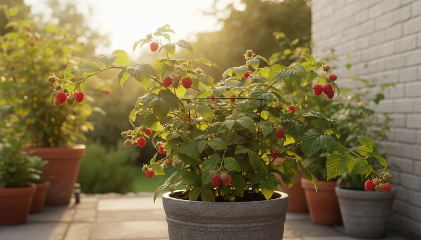 A thriving dwarf raspberry bush in a grey container, covered in ripe red berries, supported by a small trellis on a patio.