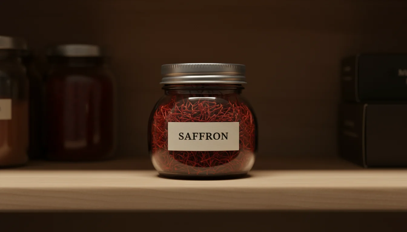 A tightly sealed amber glass jar of red saffron threads sits on a light wooden shelf in a dimly lit pantry.
