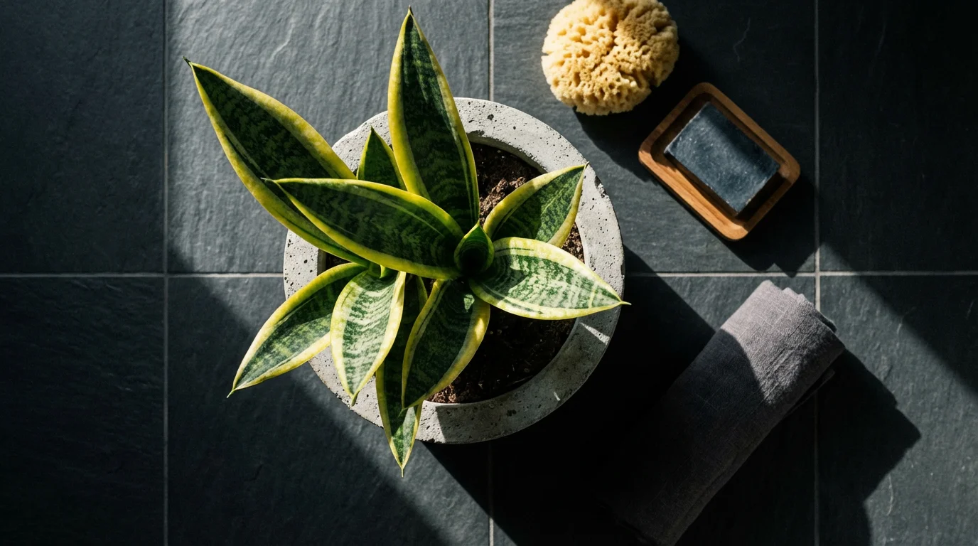 Top-down view of a Snake Plant in a concrete pot on dark bathroom slate tiles.