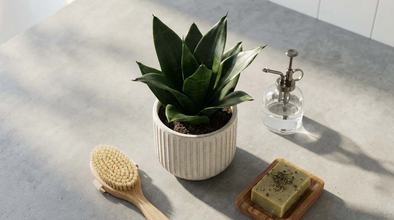 Top down view of Snake Plant and natural spa accessories on concrete bathroom floor.