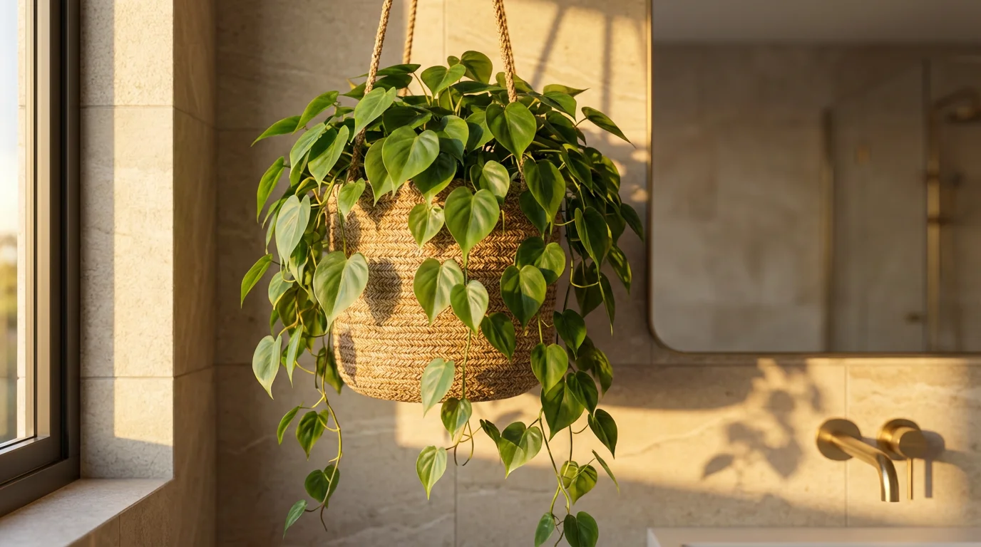 Trailing heartleaf philodendron hanging plant in a warm sunlit luxury bathroom