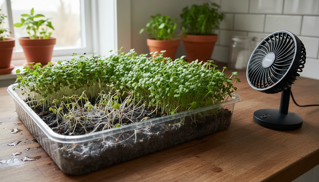 Tray of microgreens on a counter, with a visible patch of white fuzzy mold on wilting seedlings and soil, and a small fan nearby.