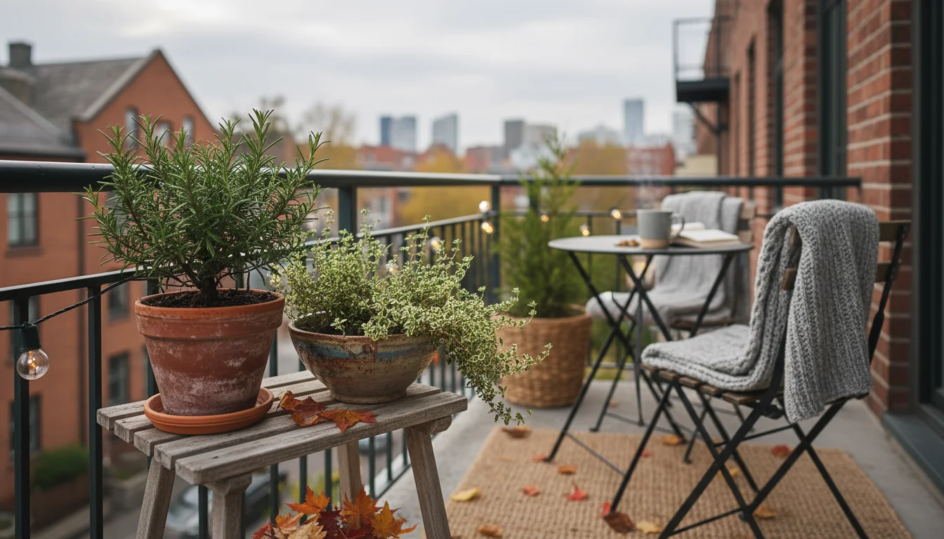 Two healthy herb plants in contrasting pots: an unglazed terracotta pot and a dark glazed ceramic pot, on an urban balcony.