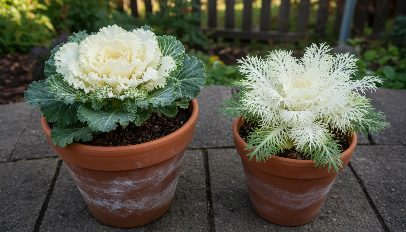 Two ornamental kale plants, a white-centered 'Nagoya' and a feathery red 'Peacock', thriving in pots on a weathered wooden bench.