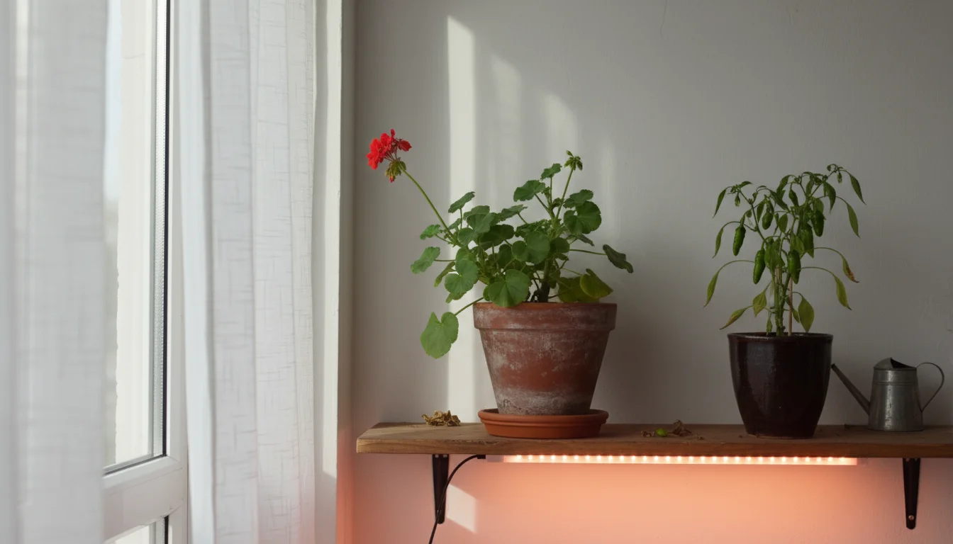 Two potted plants, a geranium and a pepper, in a cozy indoor setting by a sunlit window with an overhead grow light.