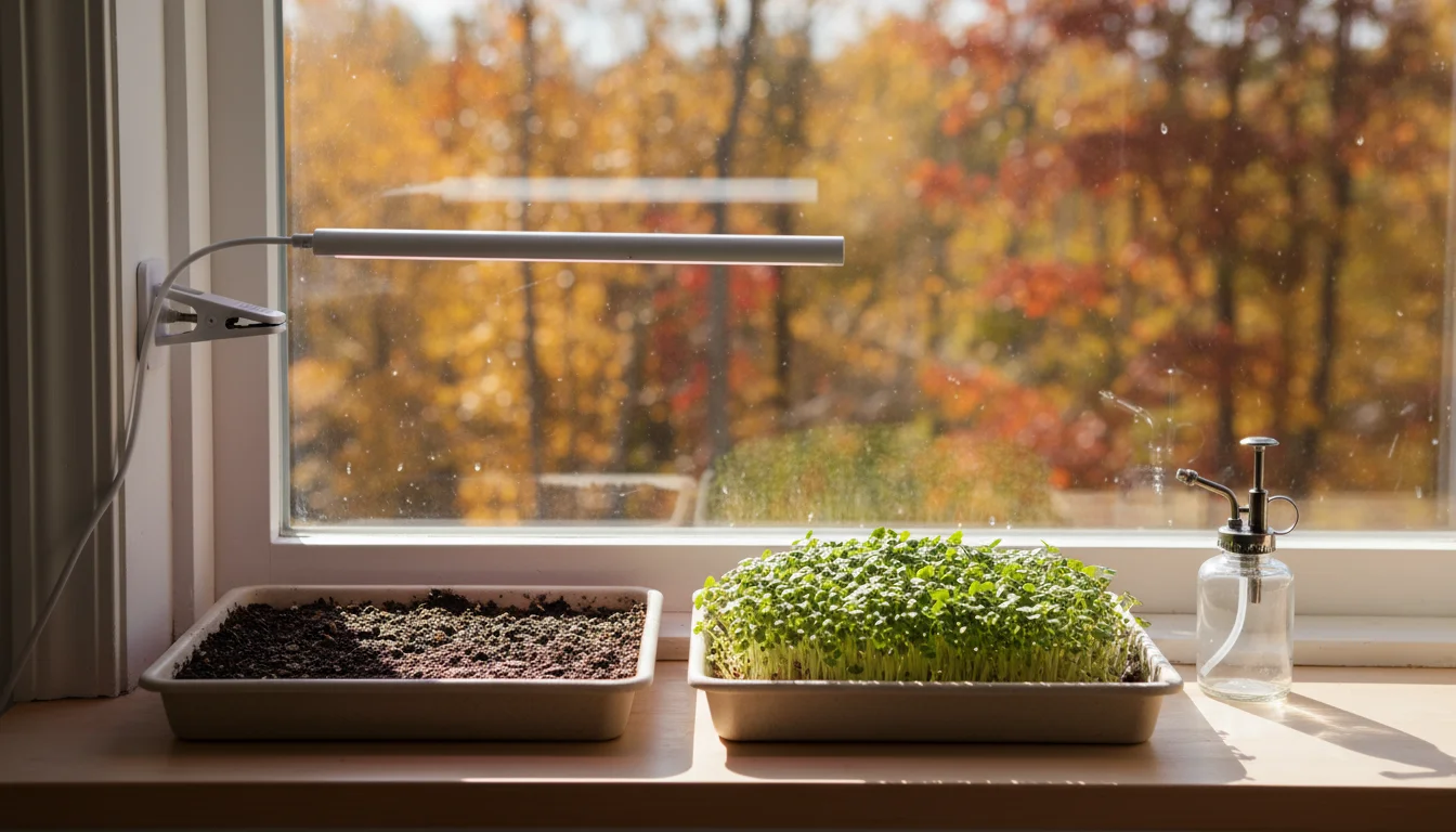 Two small microgreen trays on a sunny windowsill, with tiny sprouts under a compact LED grow light, against a blurred autumn backdrop.
