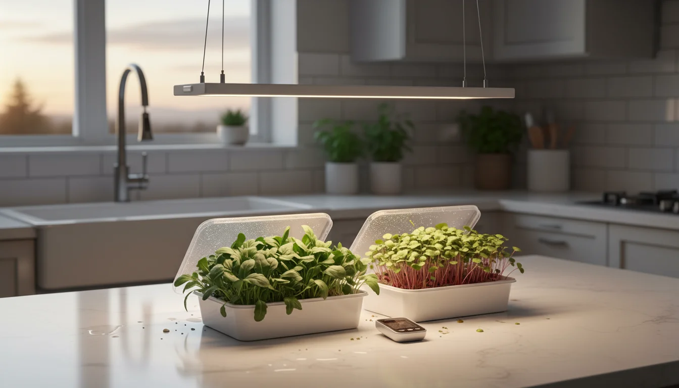 Two trays of vibrant green and red-stemmed microgreens growing densely under a slim LED grow light on a kitchen counter.