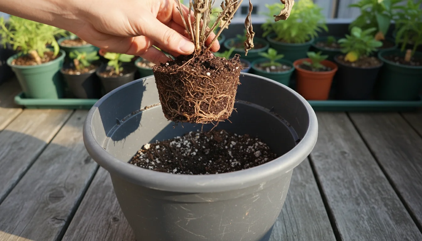 Ungloved hands hold a spent plant with an exposed root ball over an empty plastic pot on a wooden balcony, revealing soil texture.