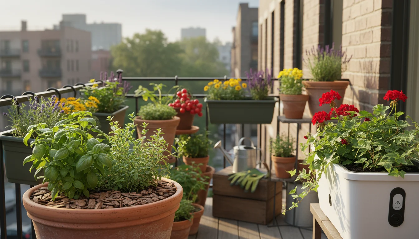 Urban balcony garden with mulched terracotta pots and a self-watering container, a watering can nearby, in soft morning light.