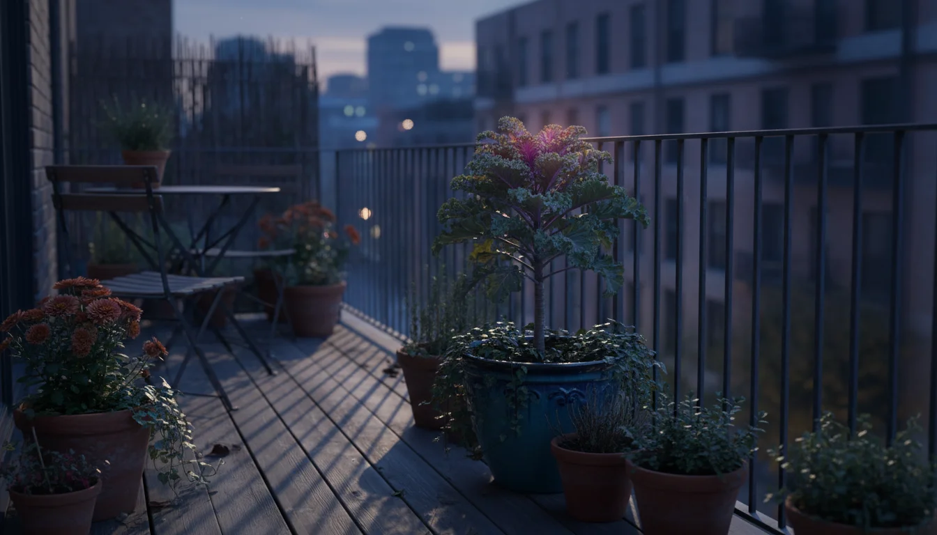 Urban balcony garden at twilight with container plants and long shadows, indicating shorter days.