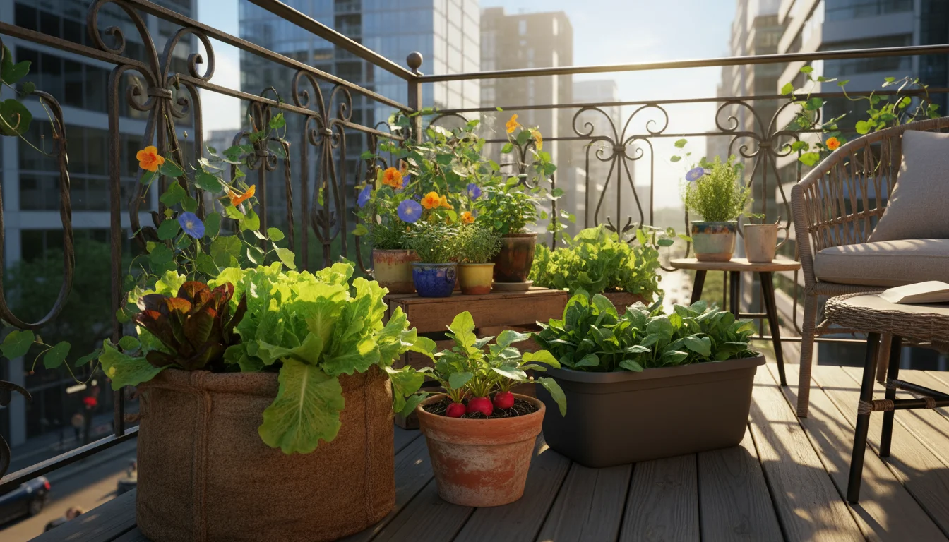 An urban balcony with a variety of healthy container plants: lettuce in a fabric grow bag, radishes in terracotta, spinach in plastic, and a plastic p