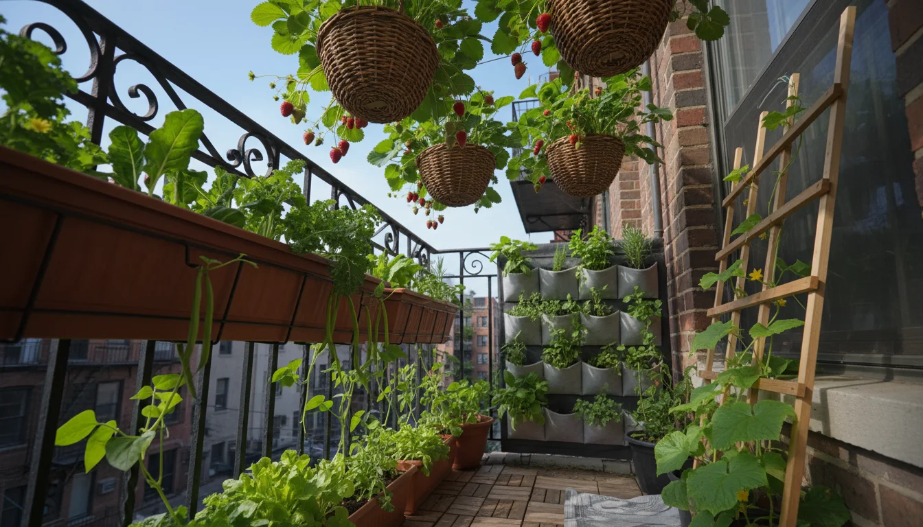 Urban balcony vertical garden with hanging baskets, rail-mounted planters of greens, and a trellised cucumber vine.