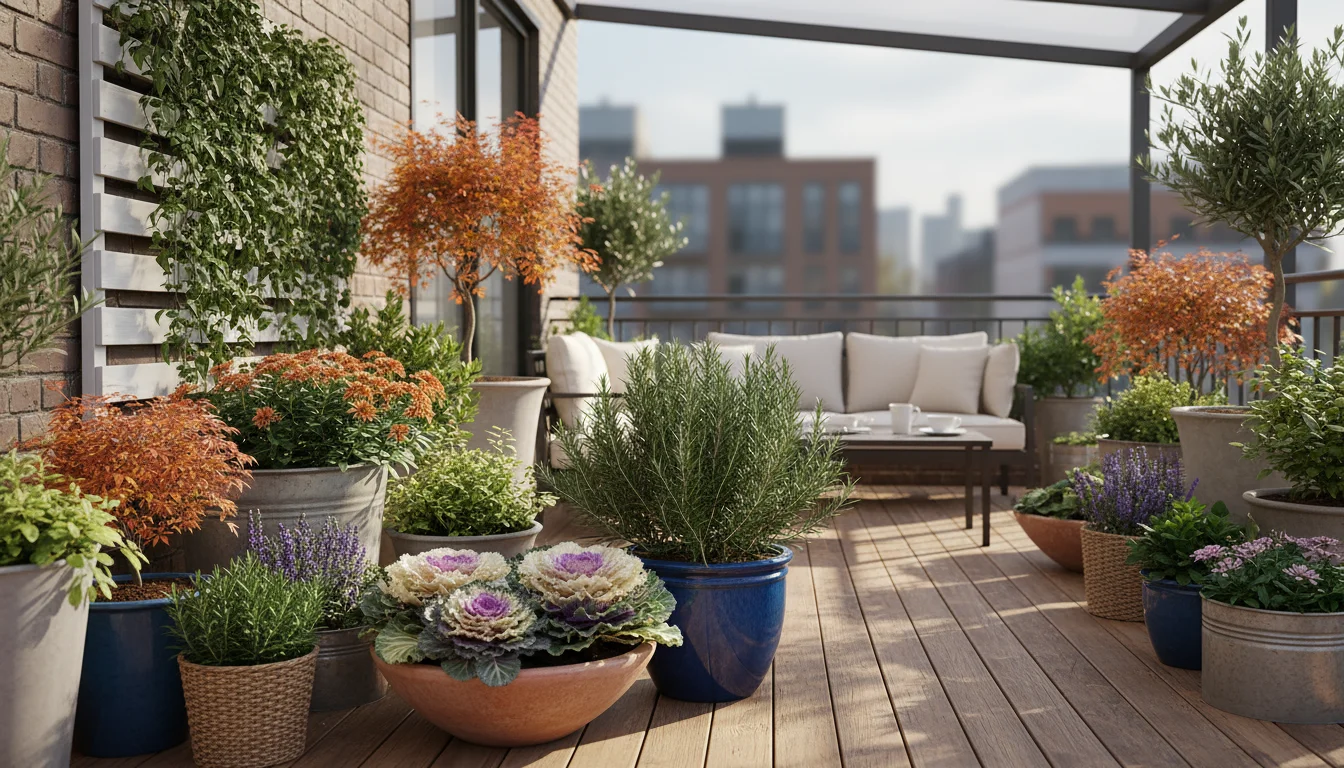 An urban patio garden in early fall, with various healthy container plants in terracotta and ceramic pots on a wooden deck.