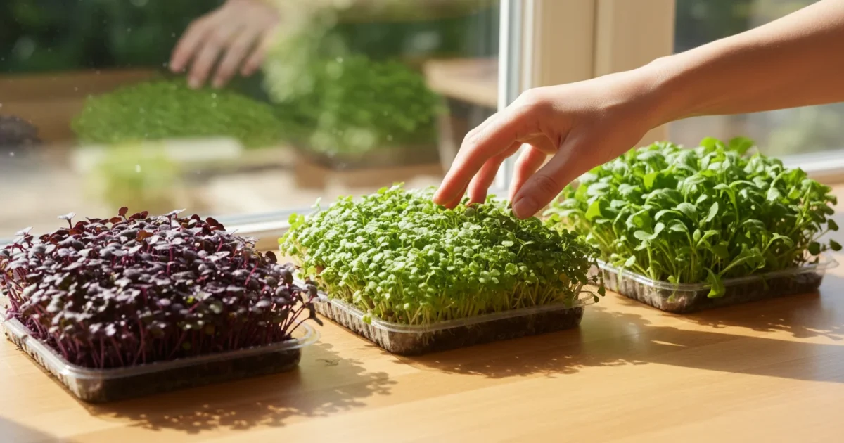 Various colorful microgreens, including red cabbage and radish, grow densely in trays on a kitchen counter, with a hand about to harvest them.