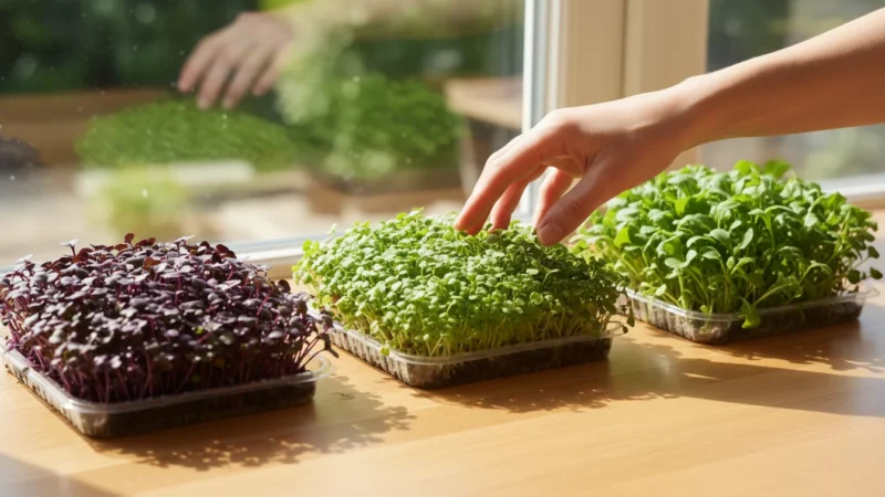 Various colorful microgreens, including red cabbage and radish, grow densely in trays on a kitchen counter, with a hand about to harvest them.