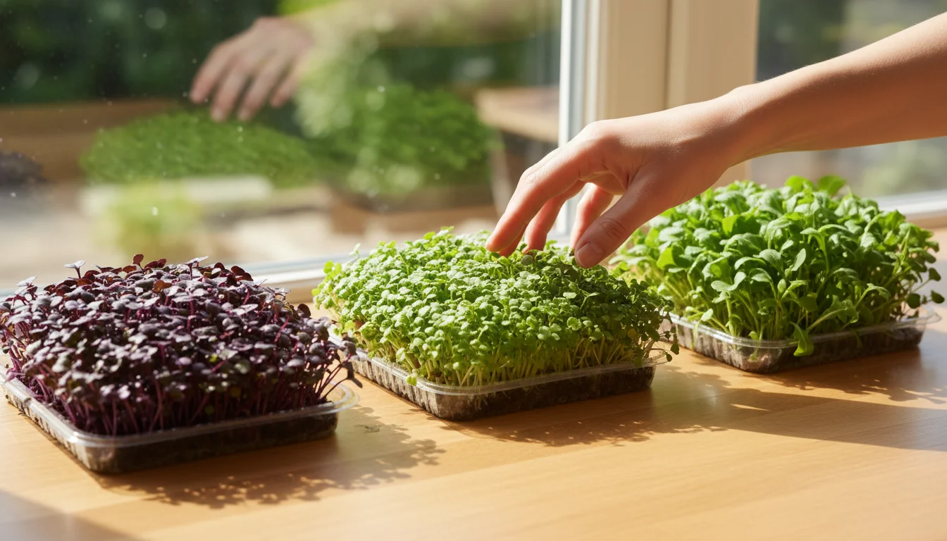 Various colorful microgreens, including red cabbage and radish, grow densely in trays on a kitchen counter, with a hand about to harvest them.