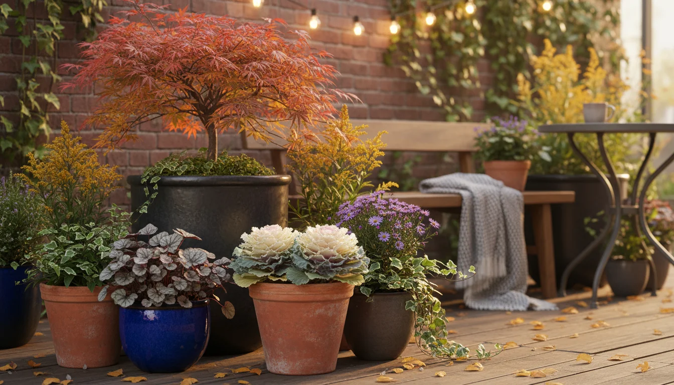 Various potted plants on an urban patio in fall: terracotta, glazed ceramic, and large dark plastic containers side-by-side, showcasing different mate