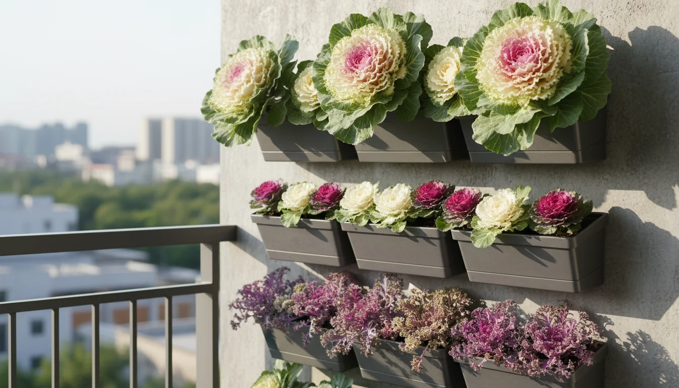 Vertical garden on a balcony wall displays distinct ornamental cabbage varieties: large 'Osaka', compact 'Pigeon', and ruffled 'Tokyo'.