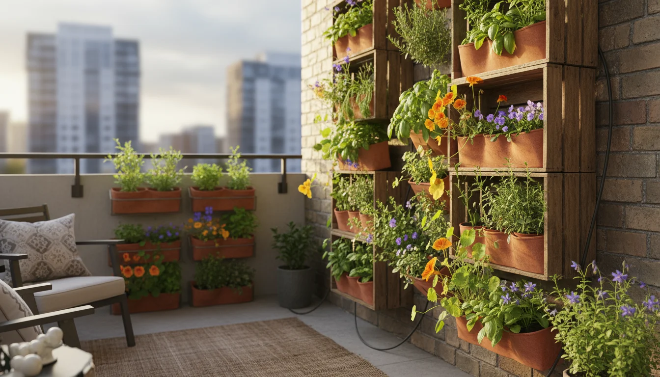 Vertical garden system on an apartment balcony, filled with lush herbs and edible flowers, under soft afternoon light.