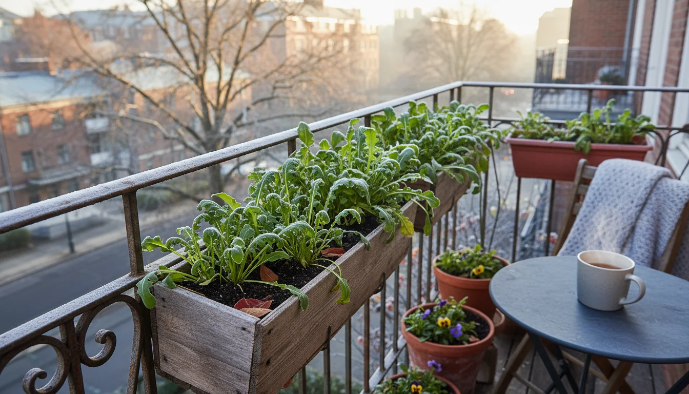 Vibrant green arugula plants growing robustly in diverse container pots on a small, frost-kissed urban balcony.