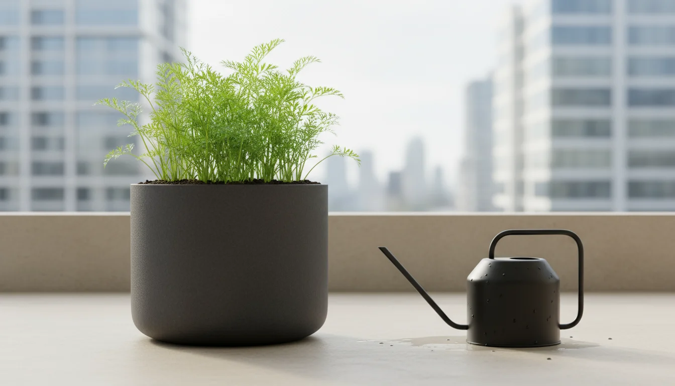 Vibrant green carrot tops emerging from dark soil in a modern gray container on a balcony, with a black watering can nearby.
